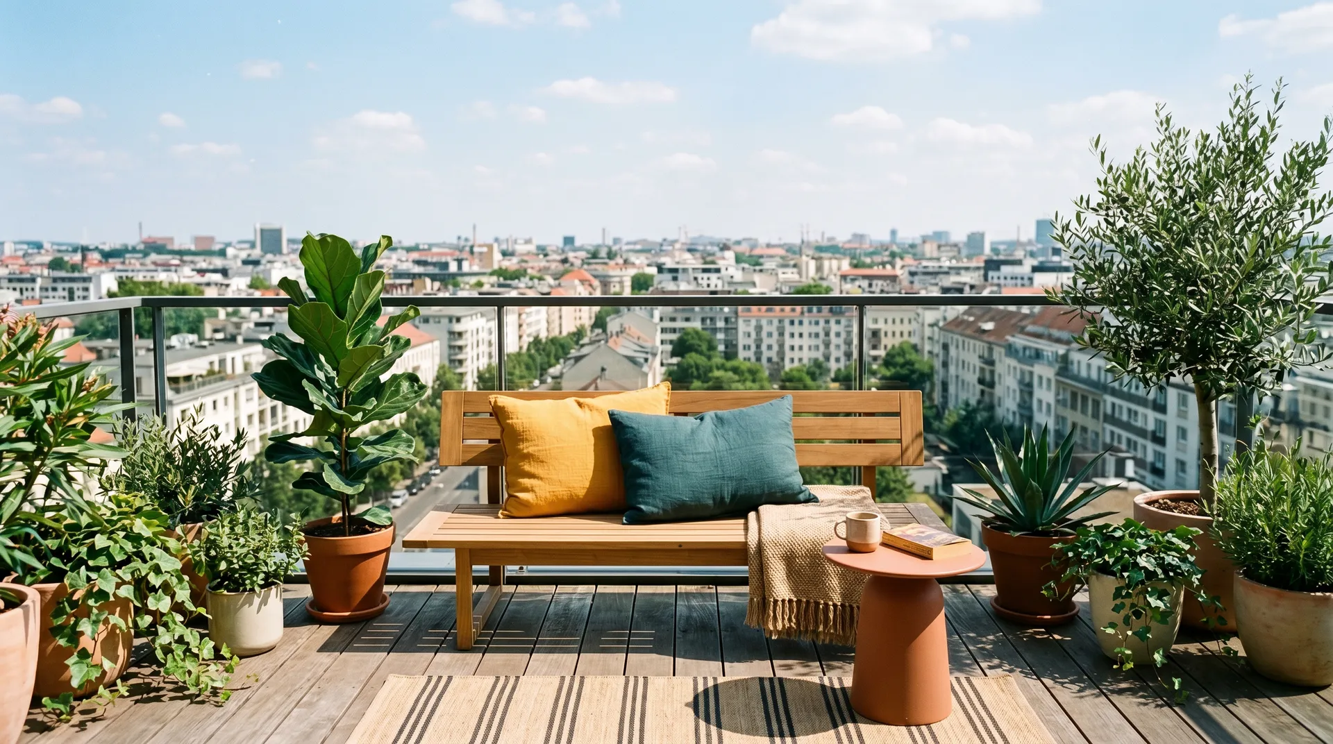 Bright modern city rooftop terrace under a blue sky overlooking a vibrant urban skyline